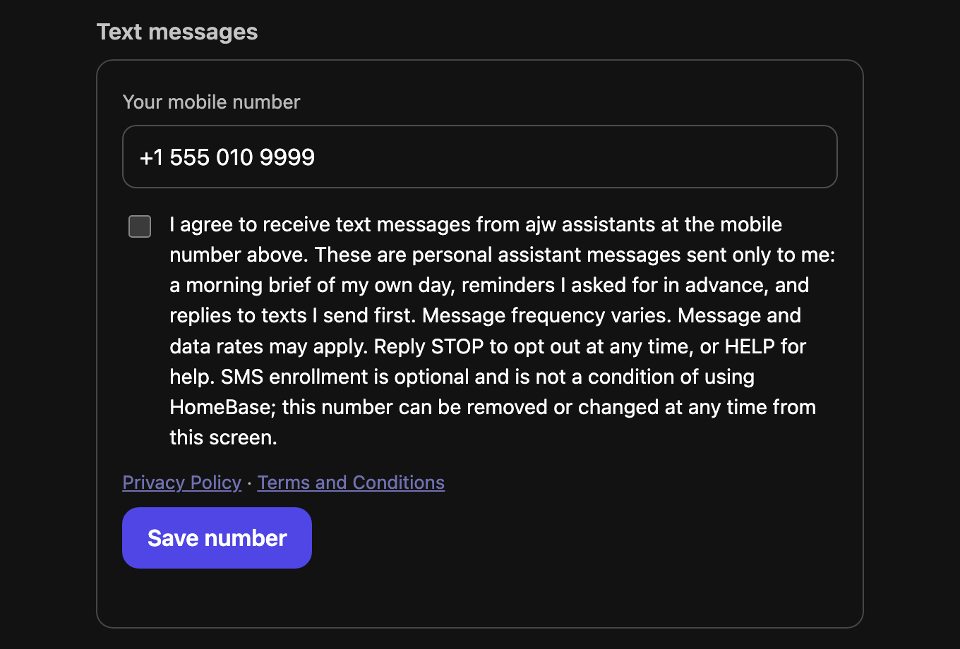 The enrollment screen before consent: number field, consent statement, unticked checkbox
