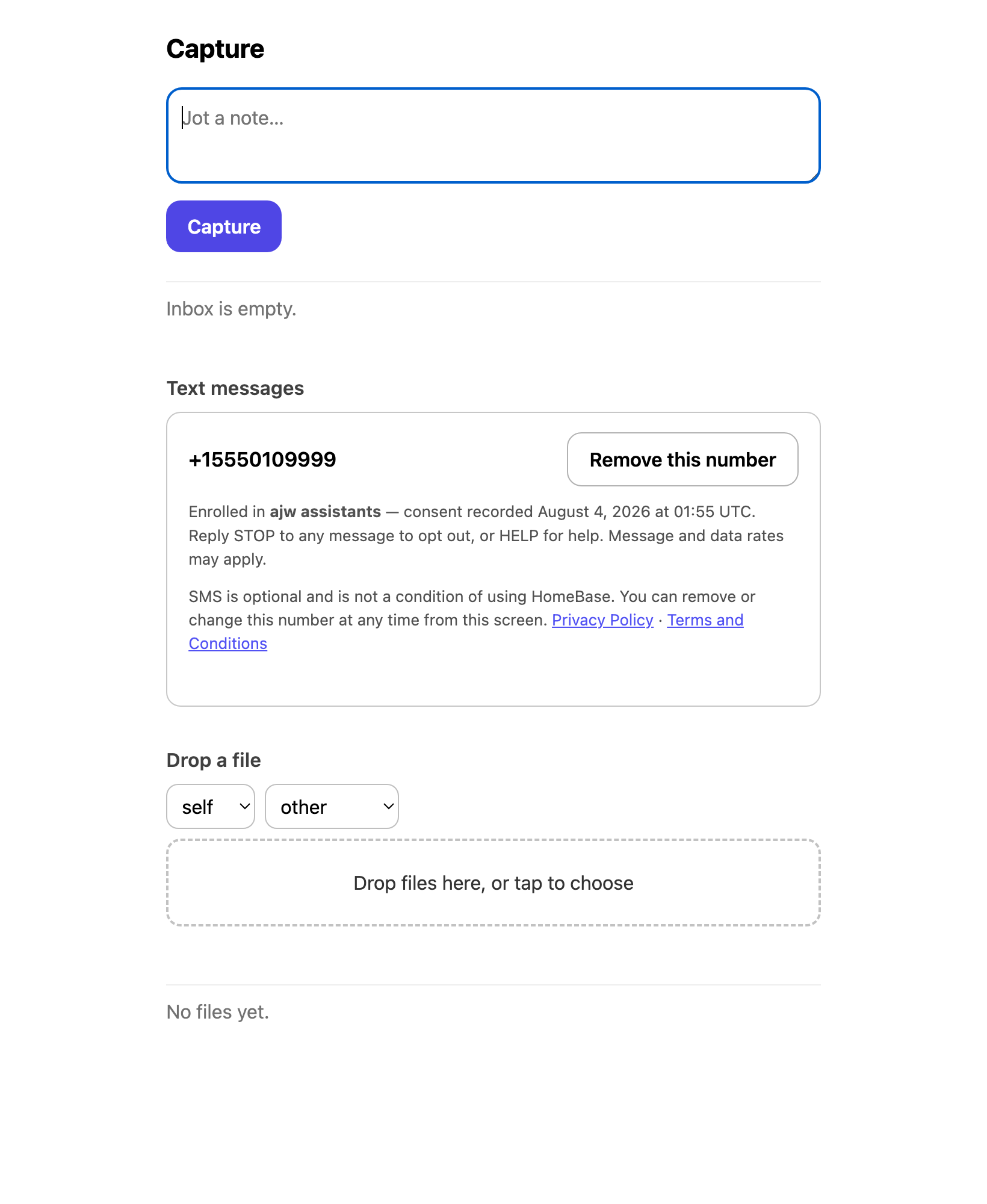The enrollment screen after consent: enrolled number, recorded consent date, Remove button